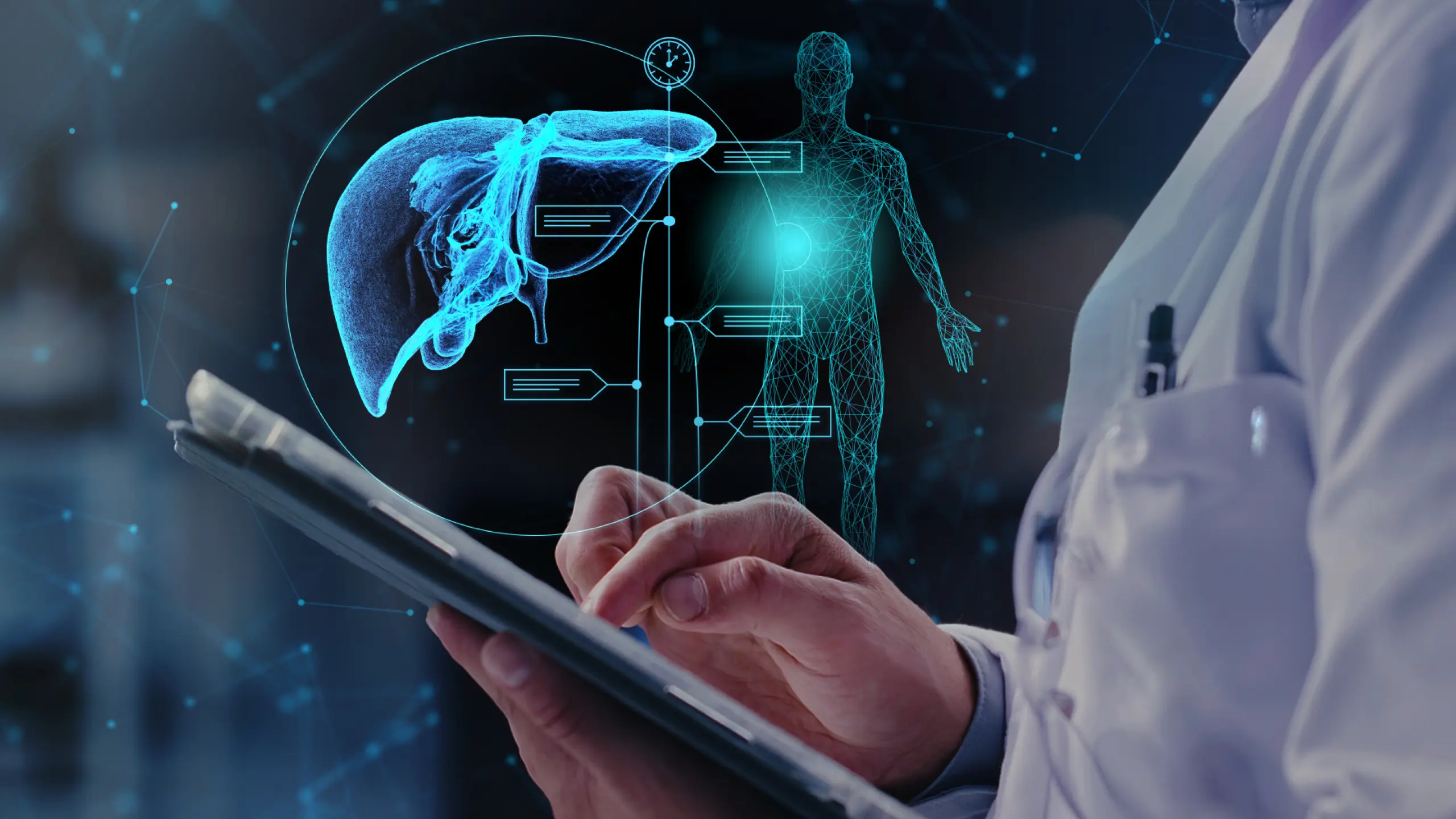 Physician reviewing clinical documentation on a tablet with holographic display of organ comorbidities 