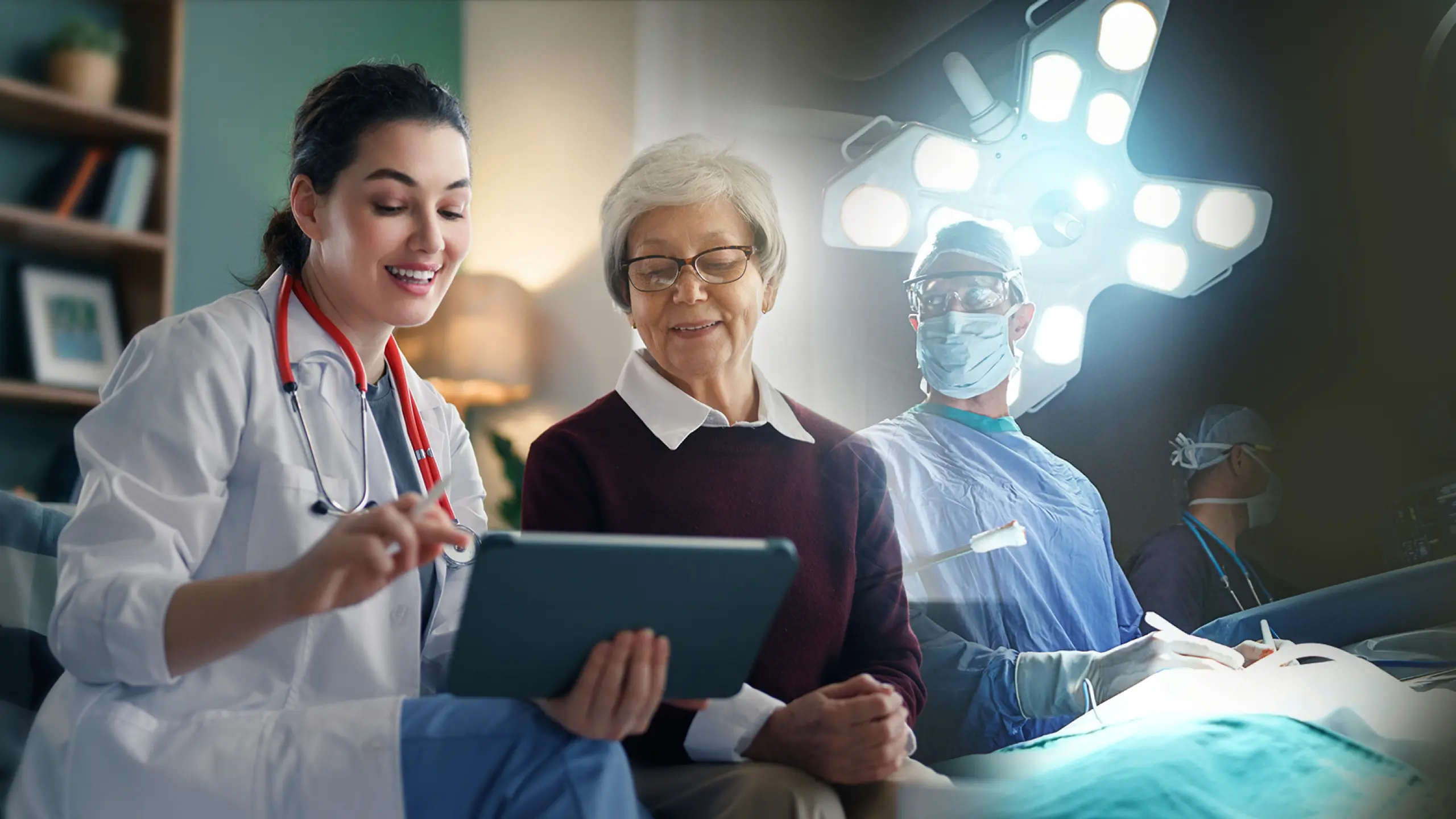 Physician reviewing care plan on tablet with elderly patient while surgeon operates in the background