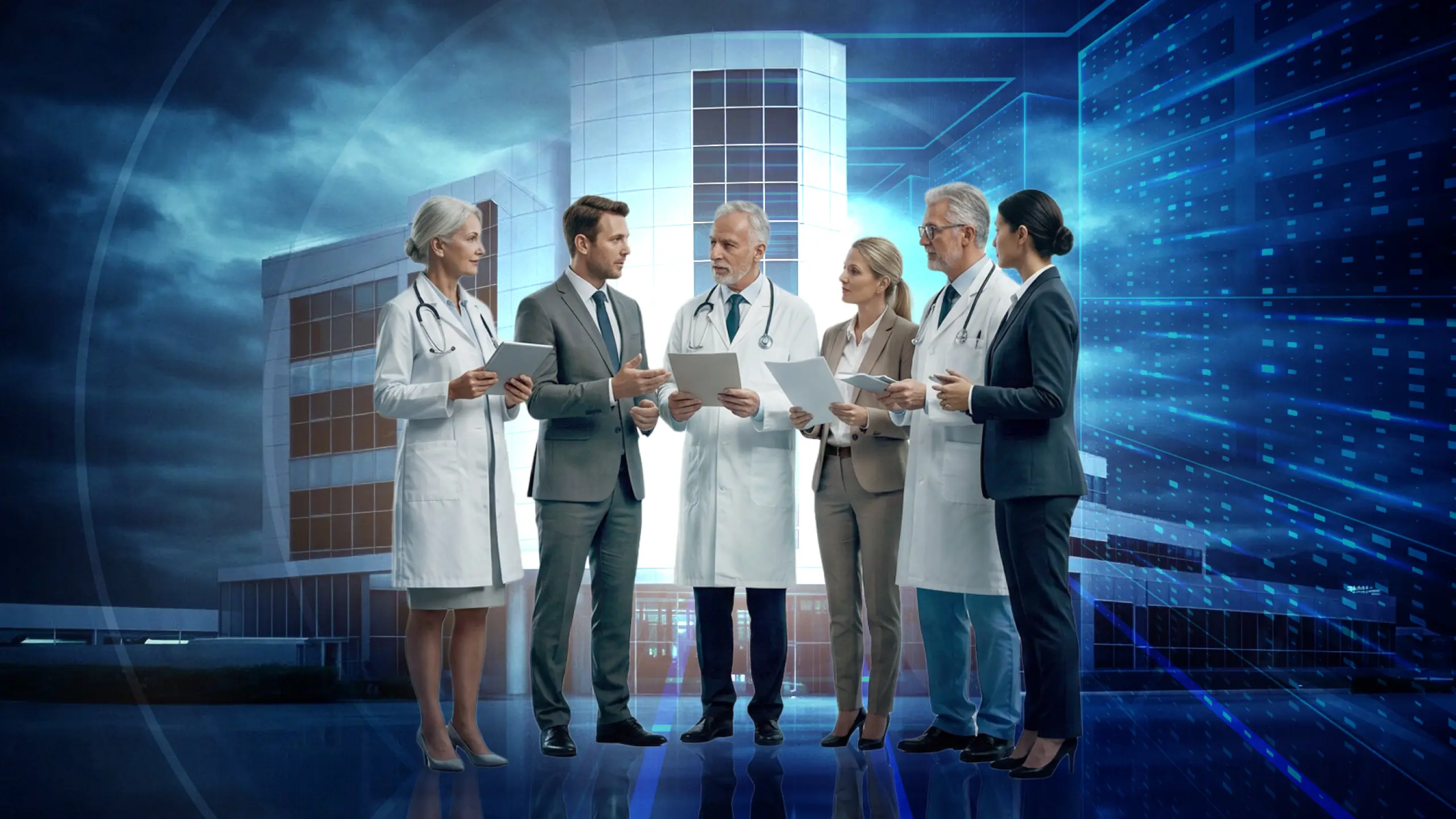 Hospital clinical and administrative leaders reviewing documents together, with a digital data grid in the background