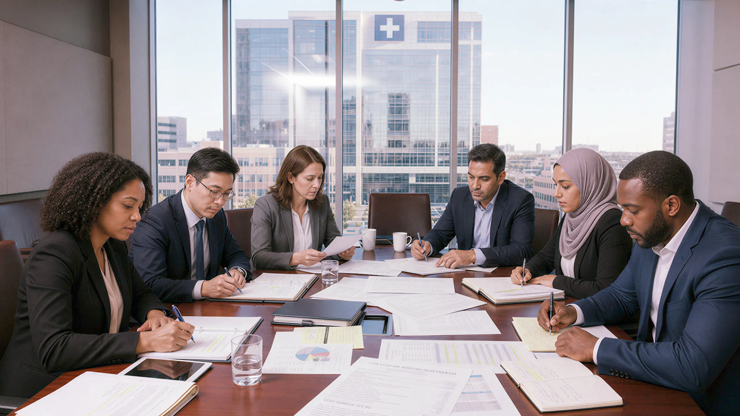 Health system leaders reviewing payer contracts and managed care contract terms in a hospital boardroom meeting